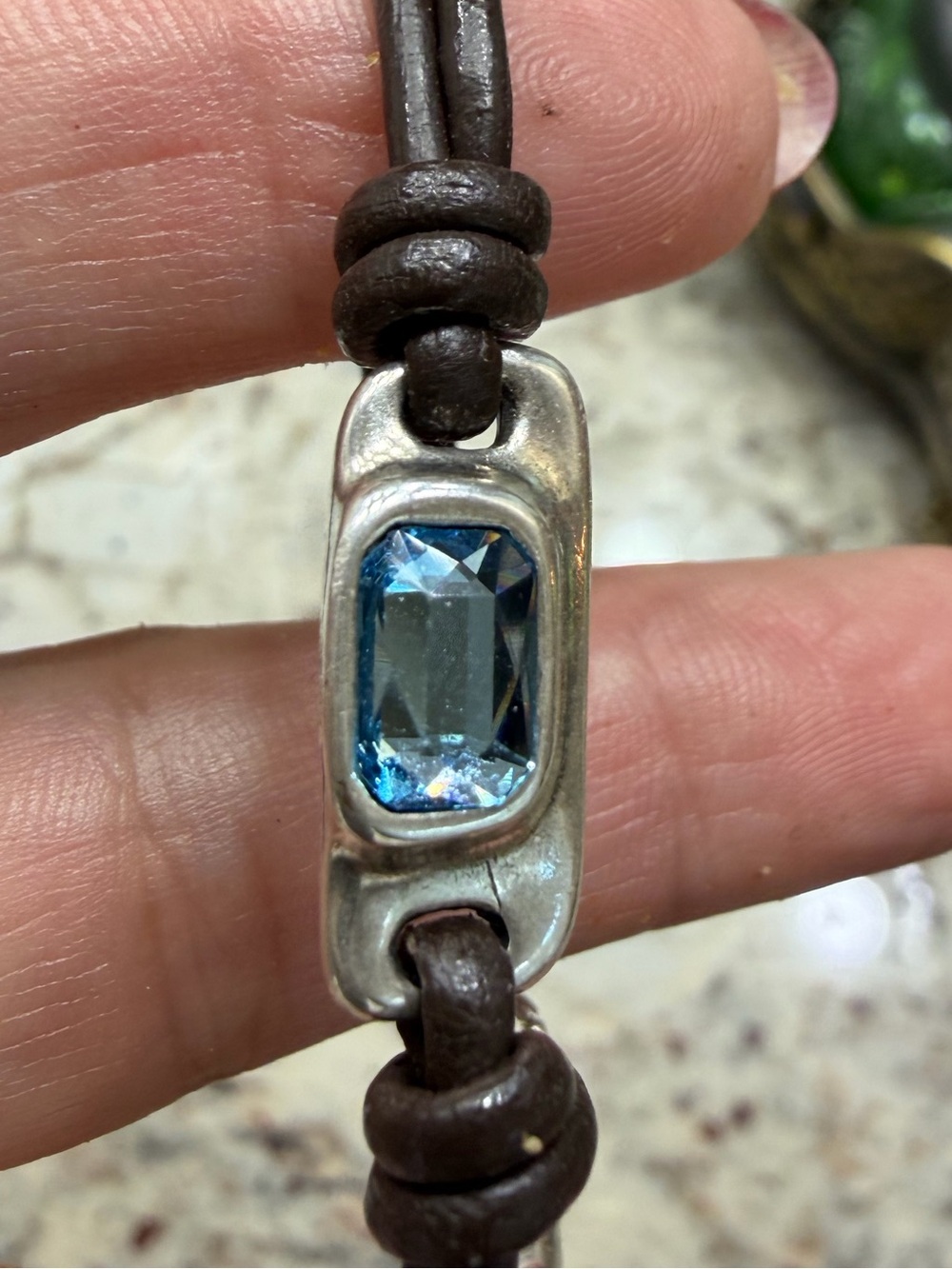 Unode50 Sterling Silver Blue Crystal brown Leather Bracelet